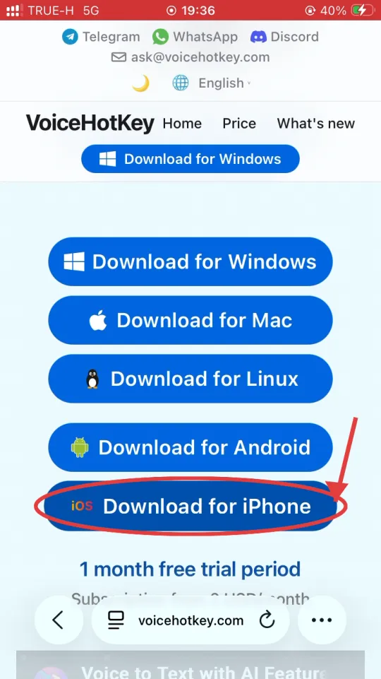 Página inicial voicehotkey.com com o botão Download for iPhone