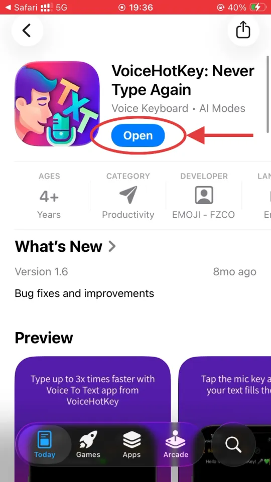 Botão Open da App Store após a instalação