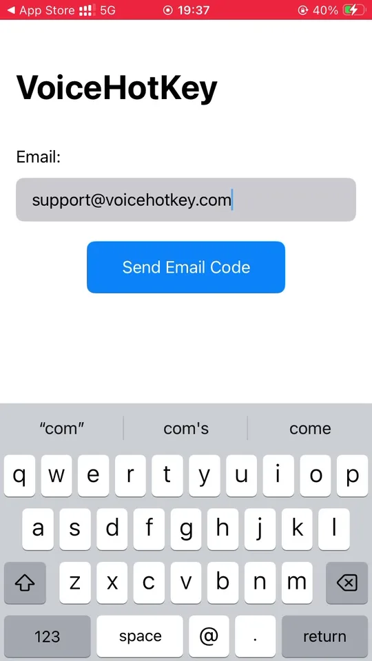 Tela de inserção de e-mail do VoiceHotKey