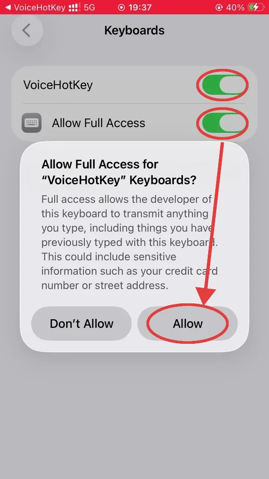 Diálogo de aviso Allow Full Access do iOS