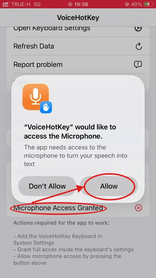 Diálogo de permissão de microfone do iOS
