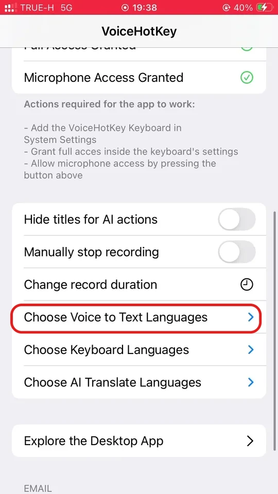 Opções de configuração do VoiceHotKey