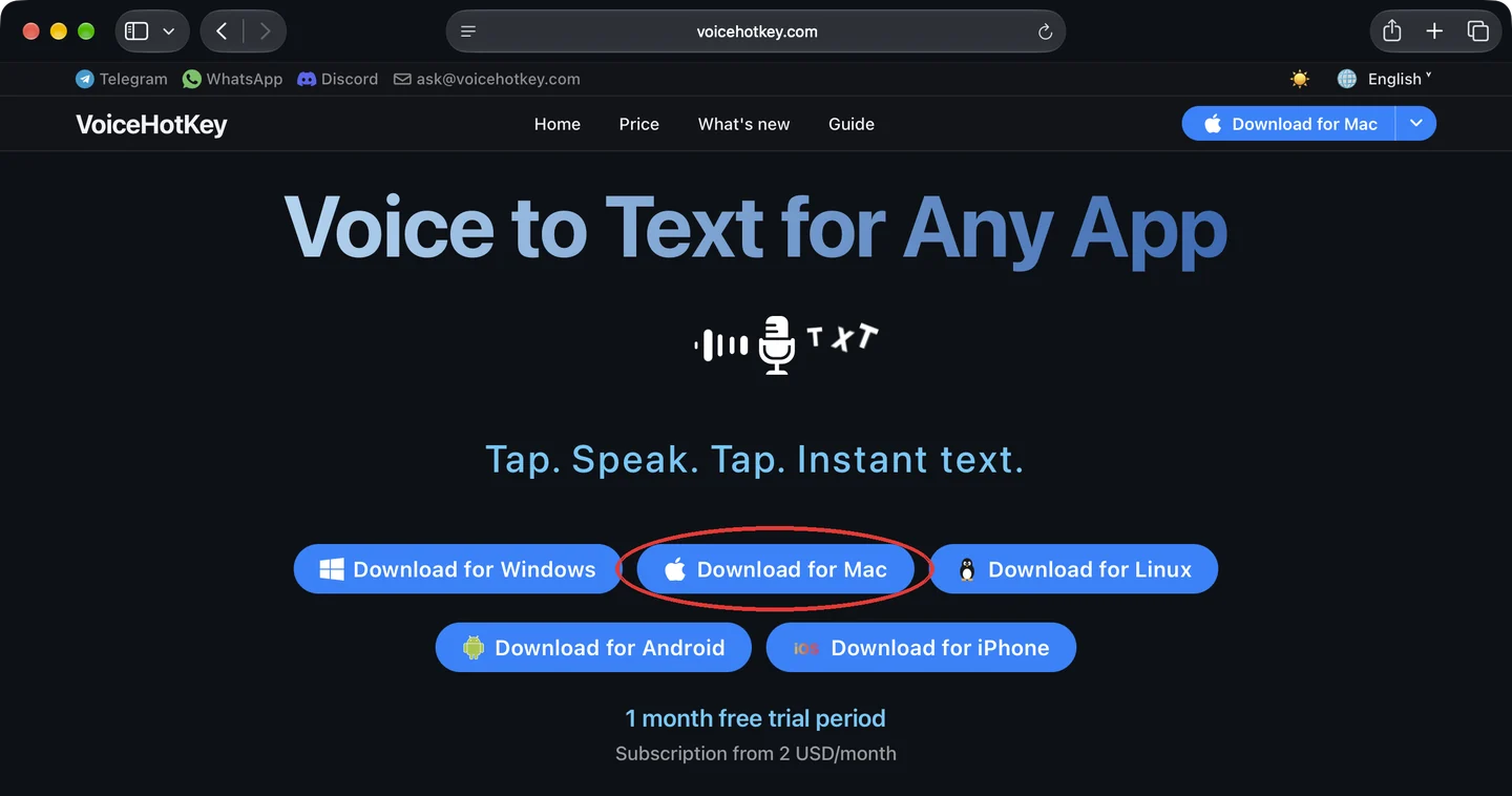 Página inicial de voicehotkey.com com o botão de descarga para Mac