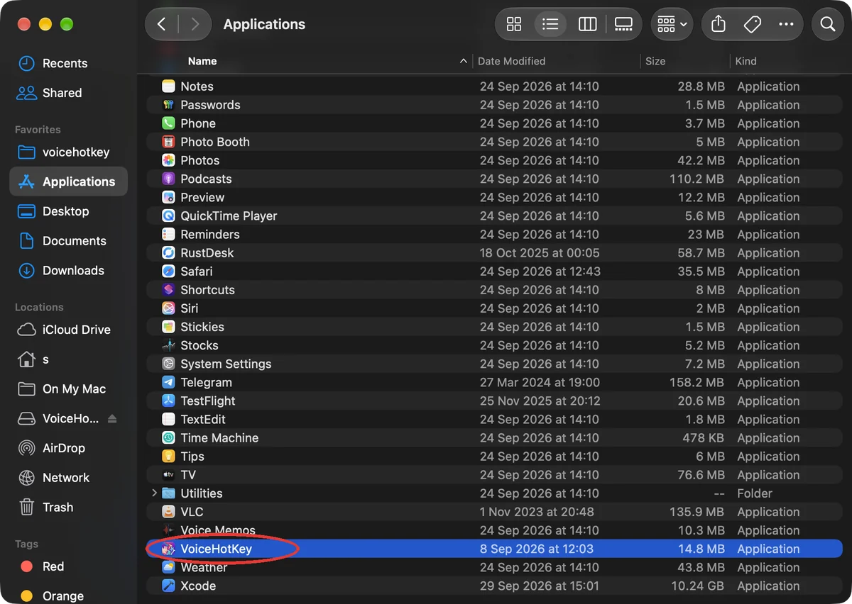 VoiceHotKey na pasta Aplicações