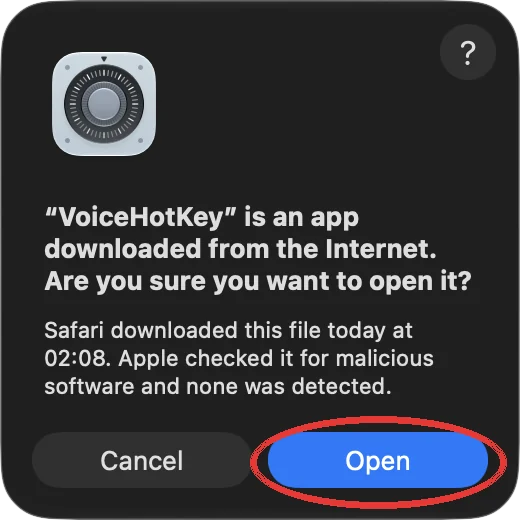 Caixa de diálogo do macOS para uma aplicação descarregada da Internet, com o botão Abrir