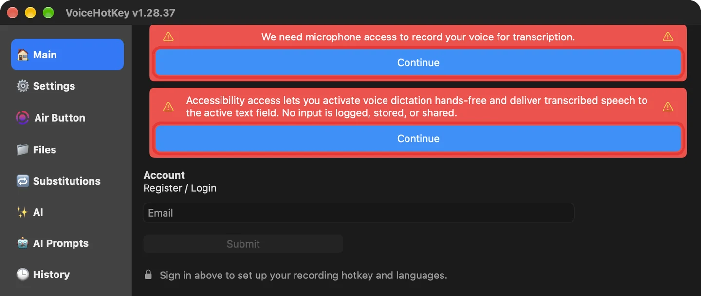 Janela principal de VoiceHotKey com os avisos de microfone e acessibilidade