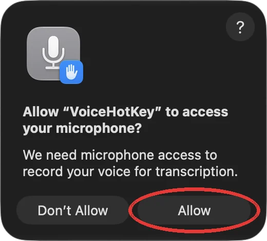 Pedido de acesso ao microfone do macOS com o botão Permitir