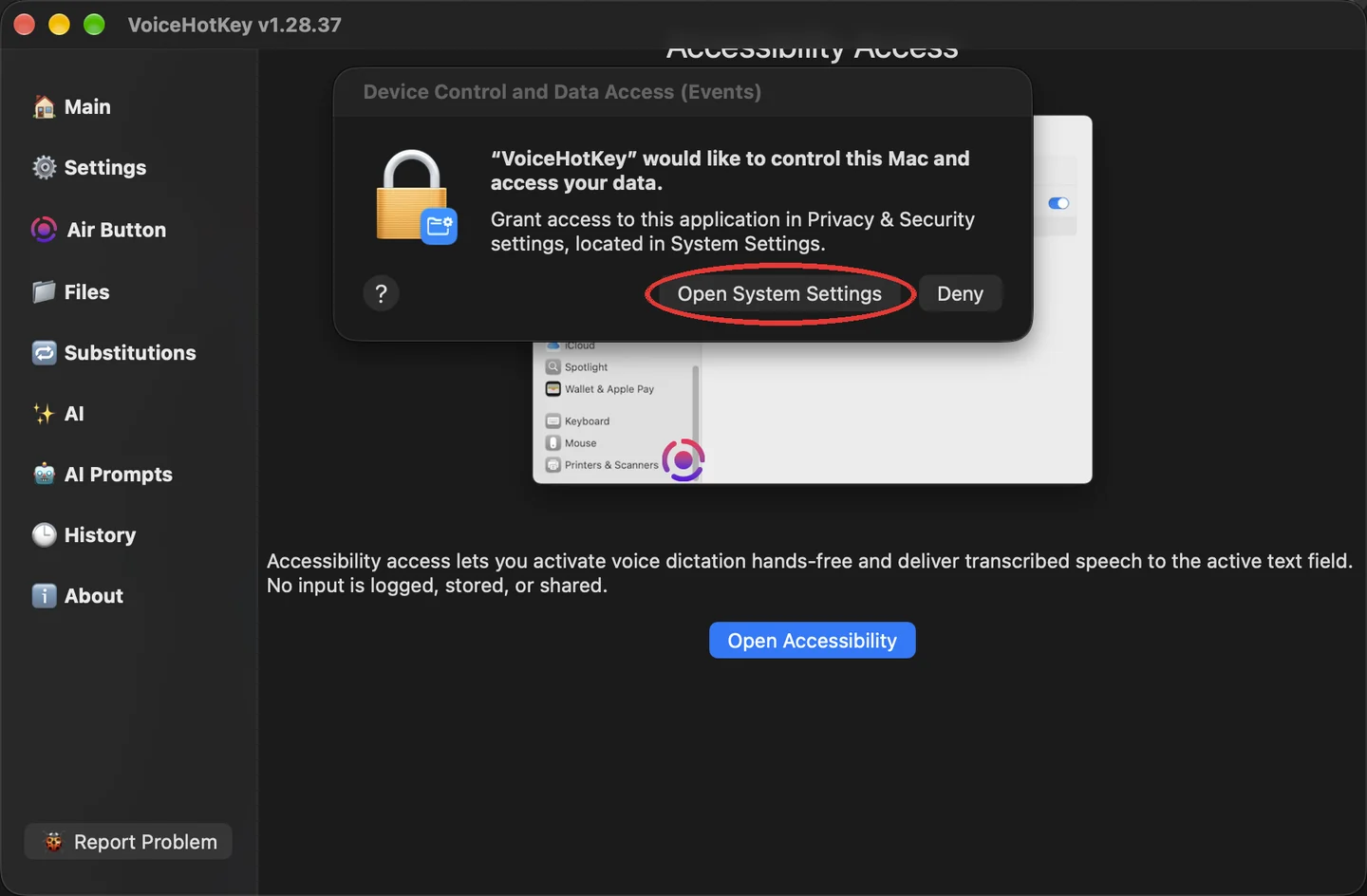 Pedido de acessibilidade do macOS com o botão para abrir Definições do Sistema