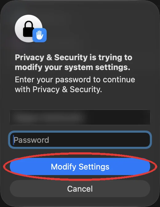 Pedido de palavra-passe do macOS com o botão para modificar definições