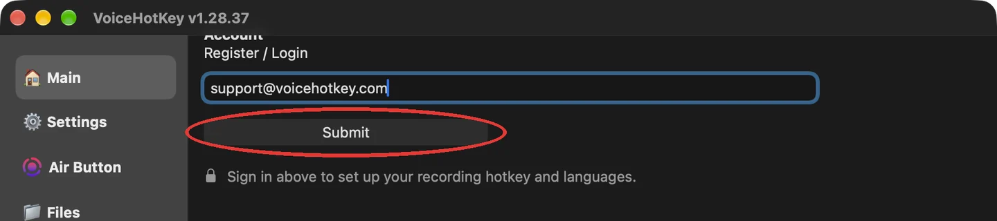 Campo de e-mail de VoiceHotKey com o botão Submeter
