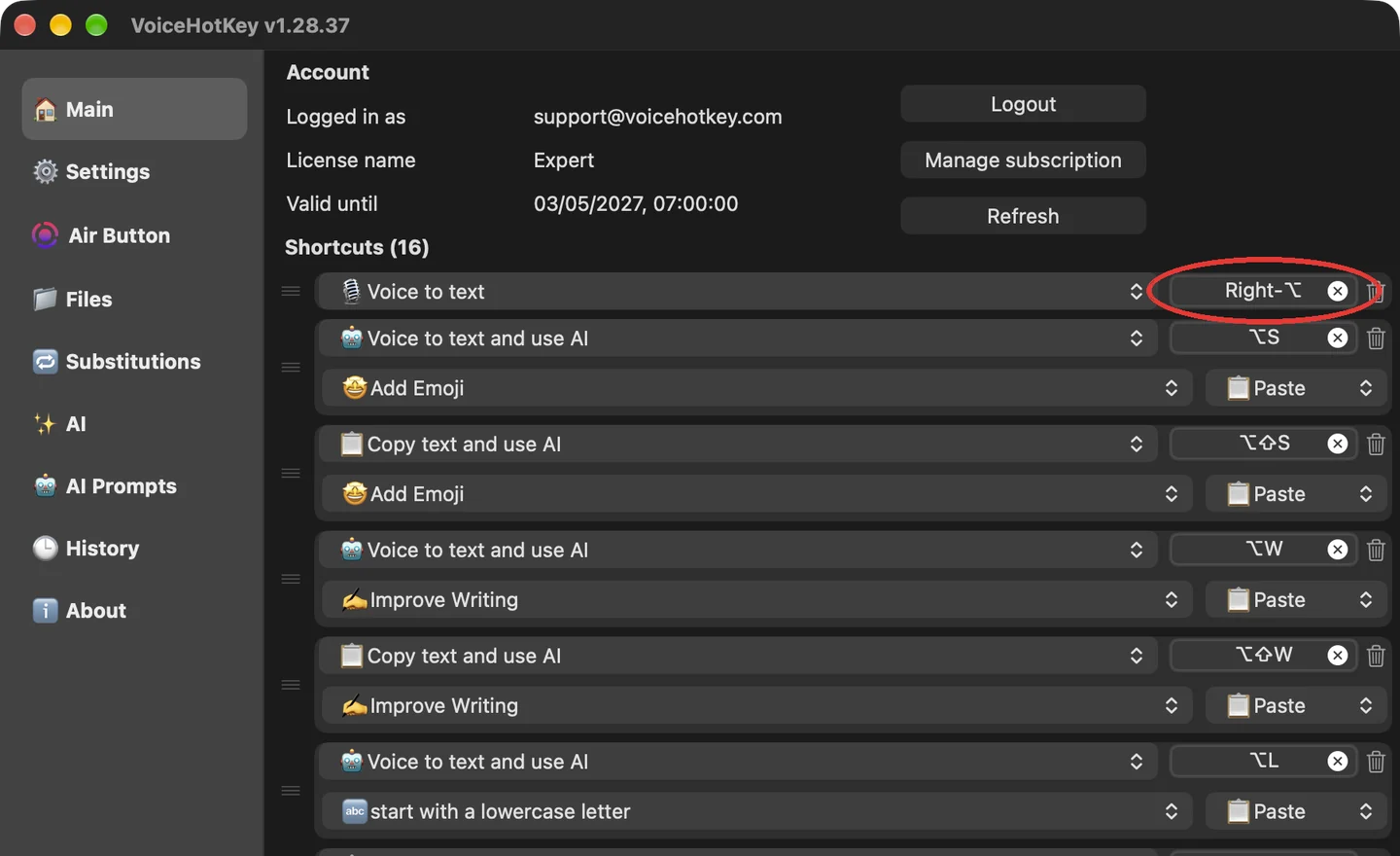VoiceHotKey após iniciar sessão, com Opção direita como atalho de ditado