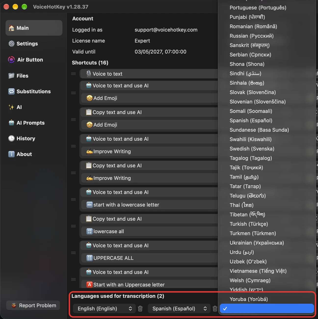 Idiomas de transcrição com a lista de idiomas aberta