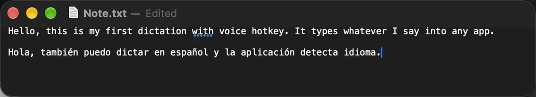 Texto ditado em inglês e espanhol, inserido numa nota