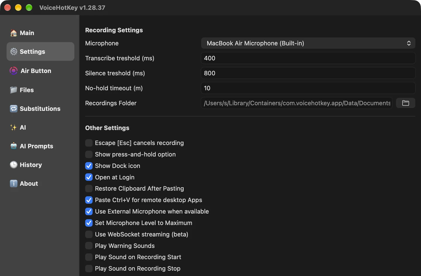 Separador Definições de VoiceHotKey