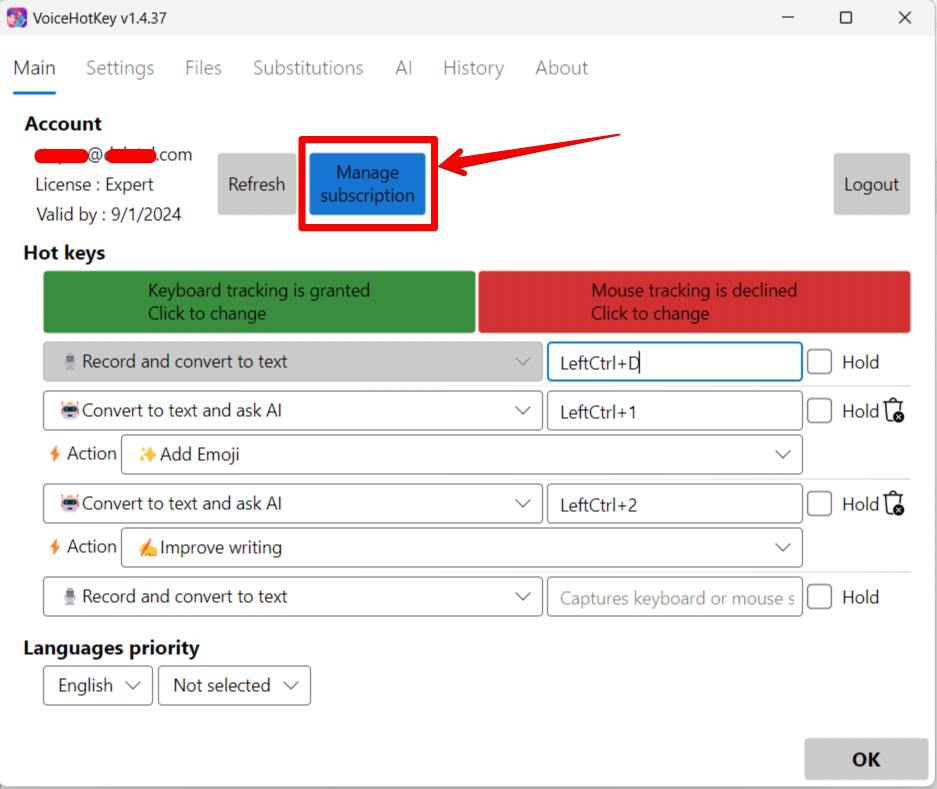 VoiceHotKey Windows Gerenciar assinatura