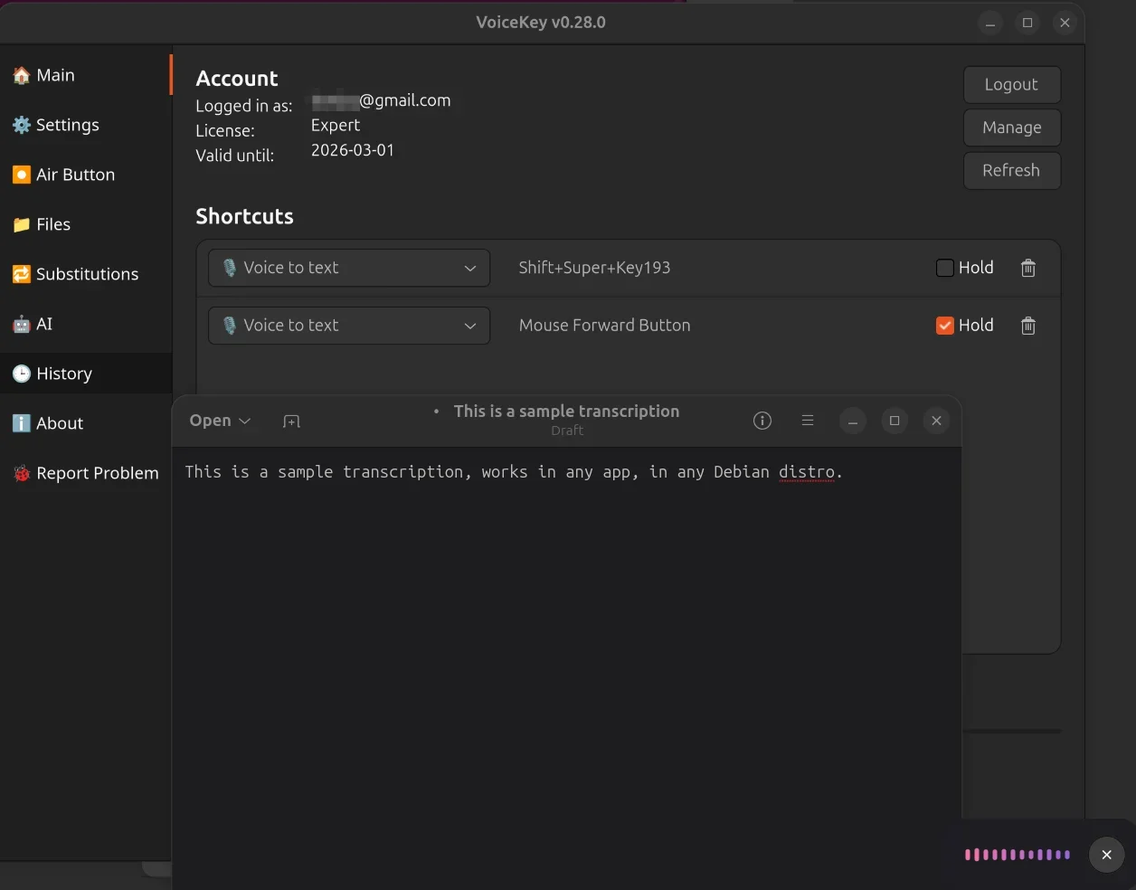 Aplicativo de ditado por voz VoiceKey rodando no Ubuntu Linux com atalhos e transcrição em tempo real